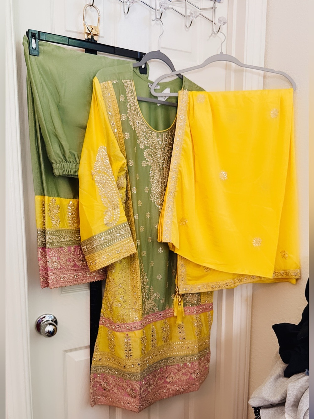 Embroidered Green and Yellow Long-Sleeve Women's Dress 3 pc set